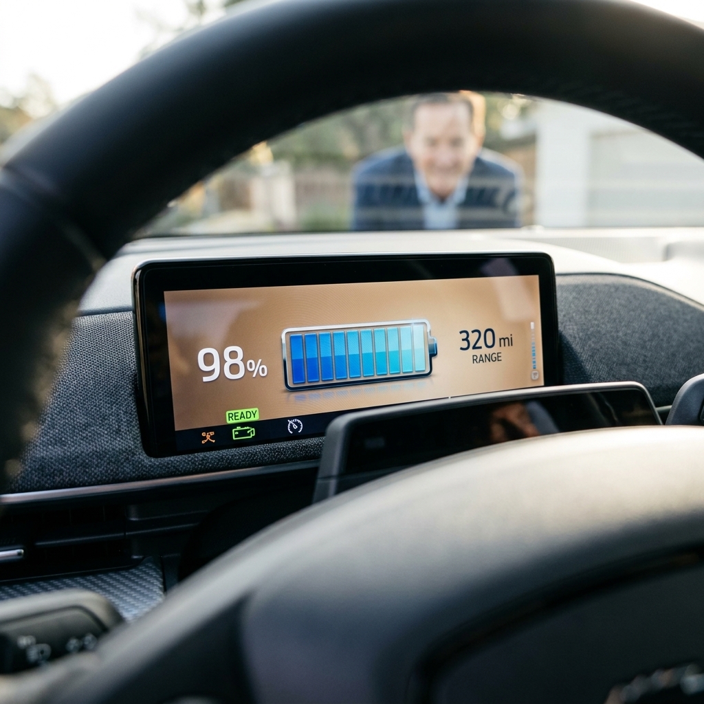 A close view of an electric car instrument cluster showing battery capacity bars and state of charge indicators, photographed inside the cabin