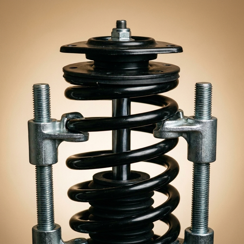 A compressed coil spring on a strut with both external spring compressors tightened evenly and the top mount visibly separated from spring tension