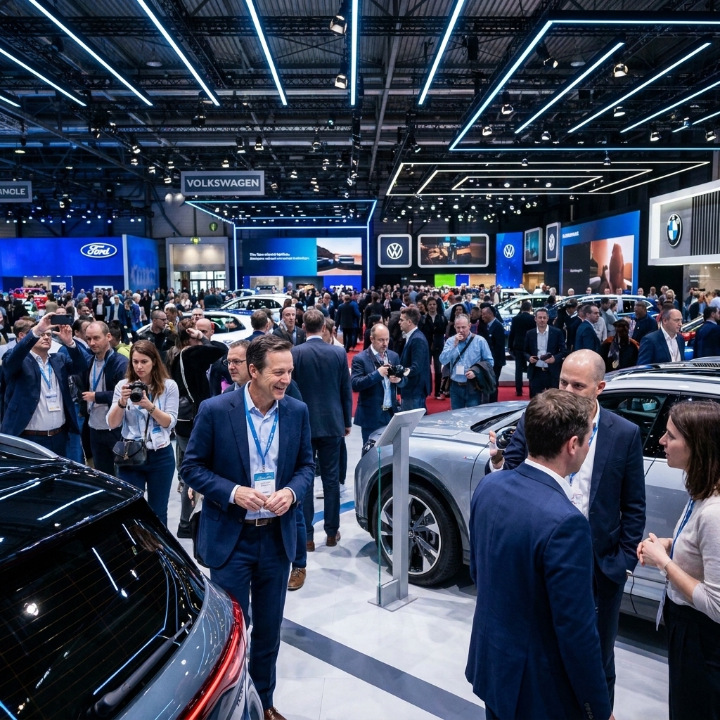 A crowded exhibition hall at Palexpo in Geneva with manufacturer stands, bright lighting, and visitors moving between vehicle displays