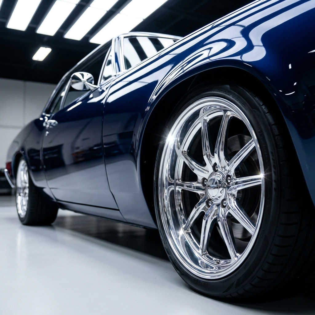 A custom show car with bright chrome wheels under strong overhead lighting, photographed to preserve highlight detail on the rim edges and polished bodywork