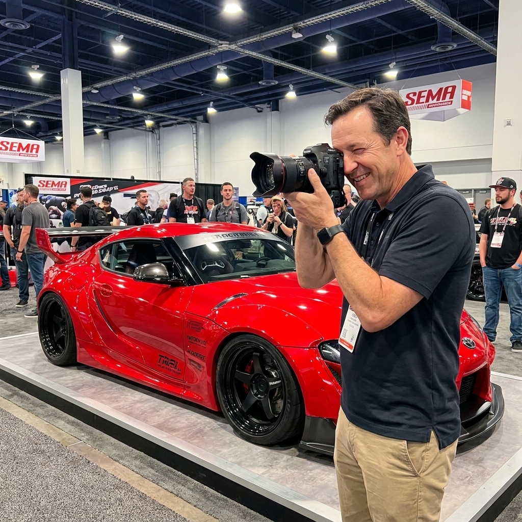 A customized widebody sports car on display under bright convention lighting at the SEMA Show in Las Vegas, with attendees photographing the car