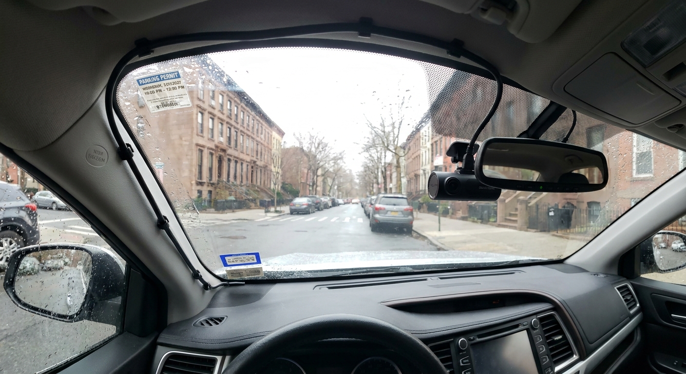 A dash cam mounted behind a car rearview mirror on a parked vehicle, with the power cable routed along the windshield