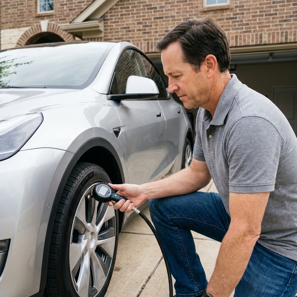 A driver checking tire pressure on an electric vehicle using a handheld gauge at a driveway