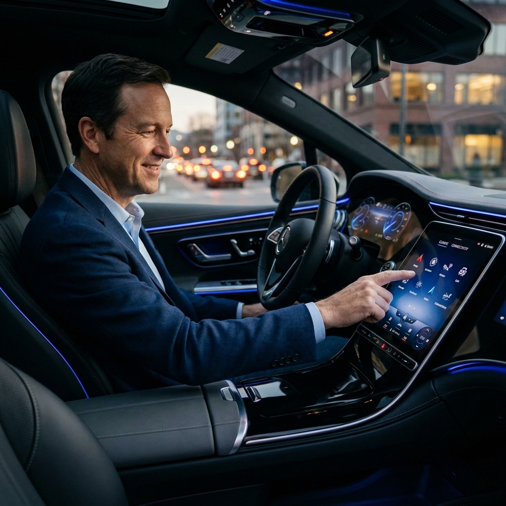 A driver seated in an electric vehicle tapping the infotainment settings screen with climate and connectivity menus visible