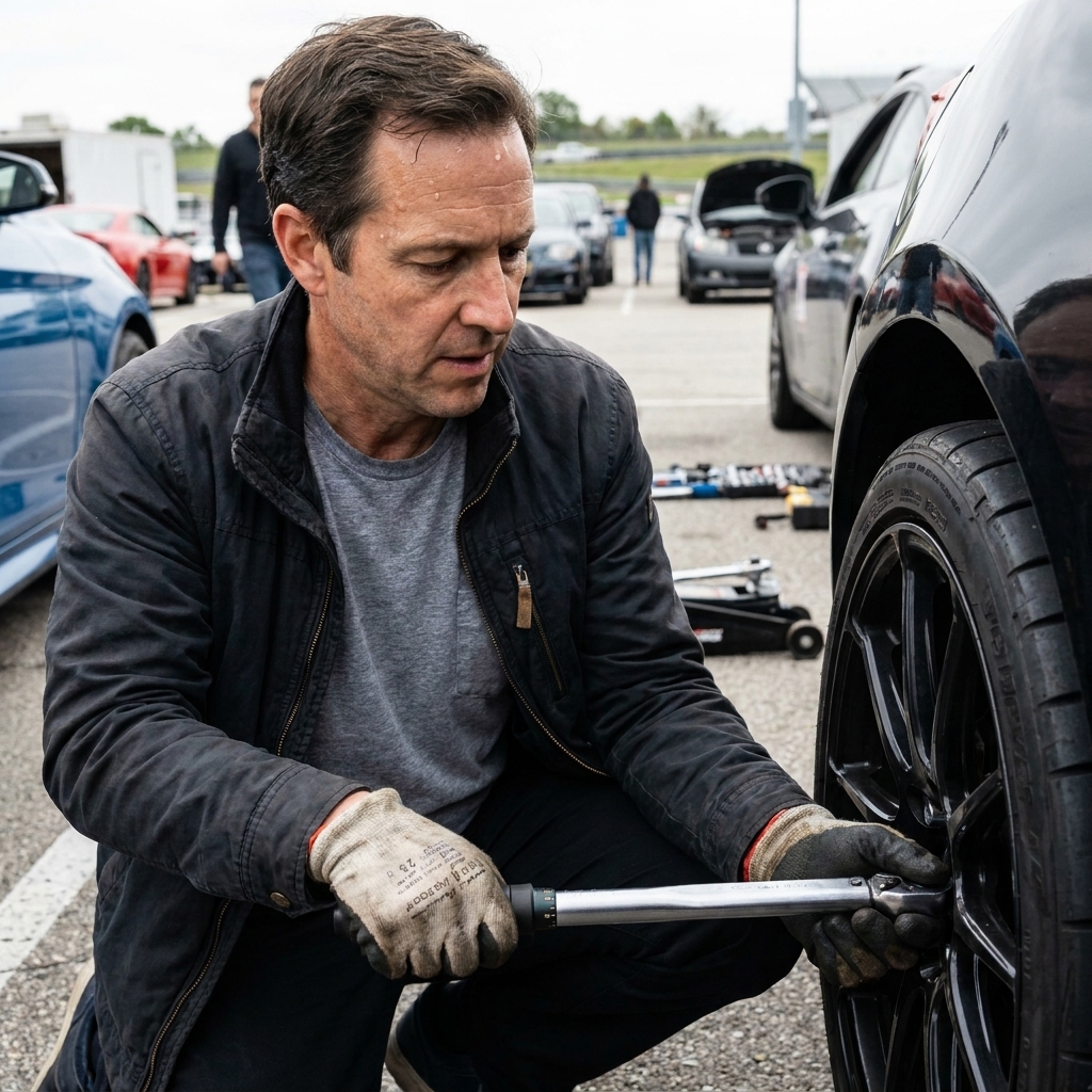 A driver using a torque wrench to tighten lug nuts on a street car wheel in a track paddock