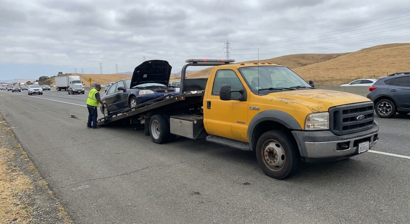 A flatbed tow truck loading a disabled passenger car on the shoulder of a highway during daylight