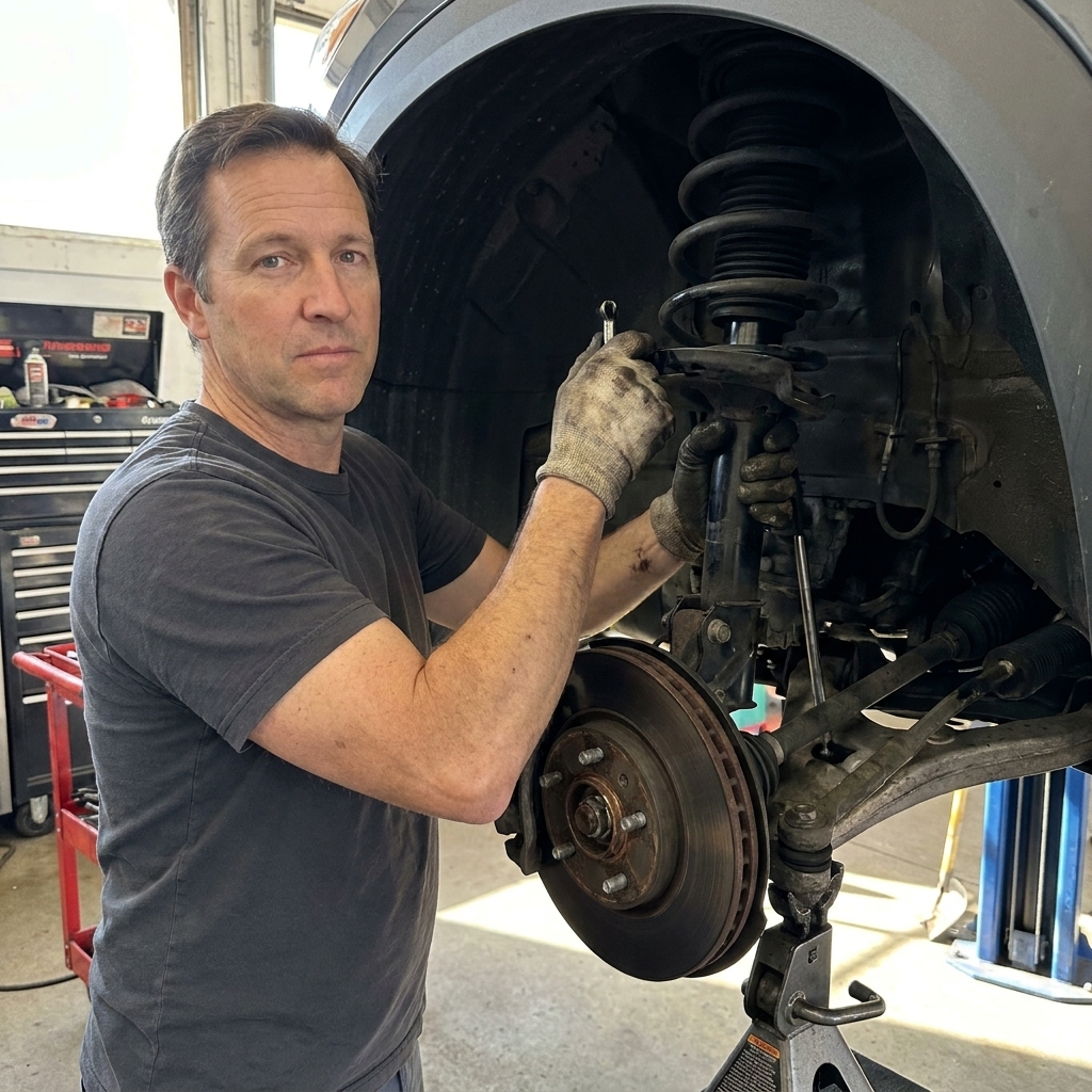 A front strut assembly being guided out of a wheel well with the brake rotor and steering knuckle supported below