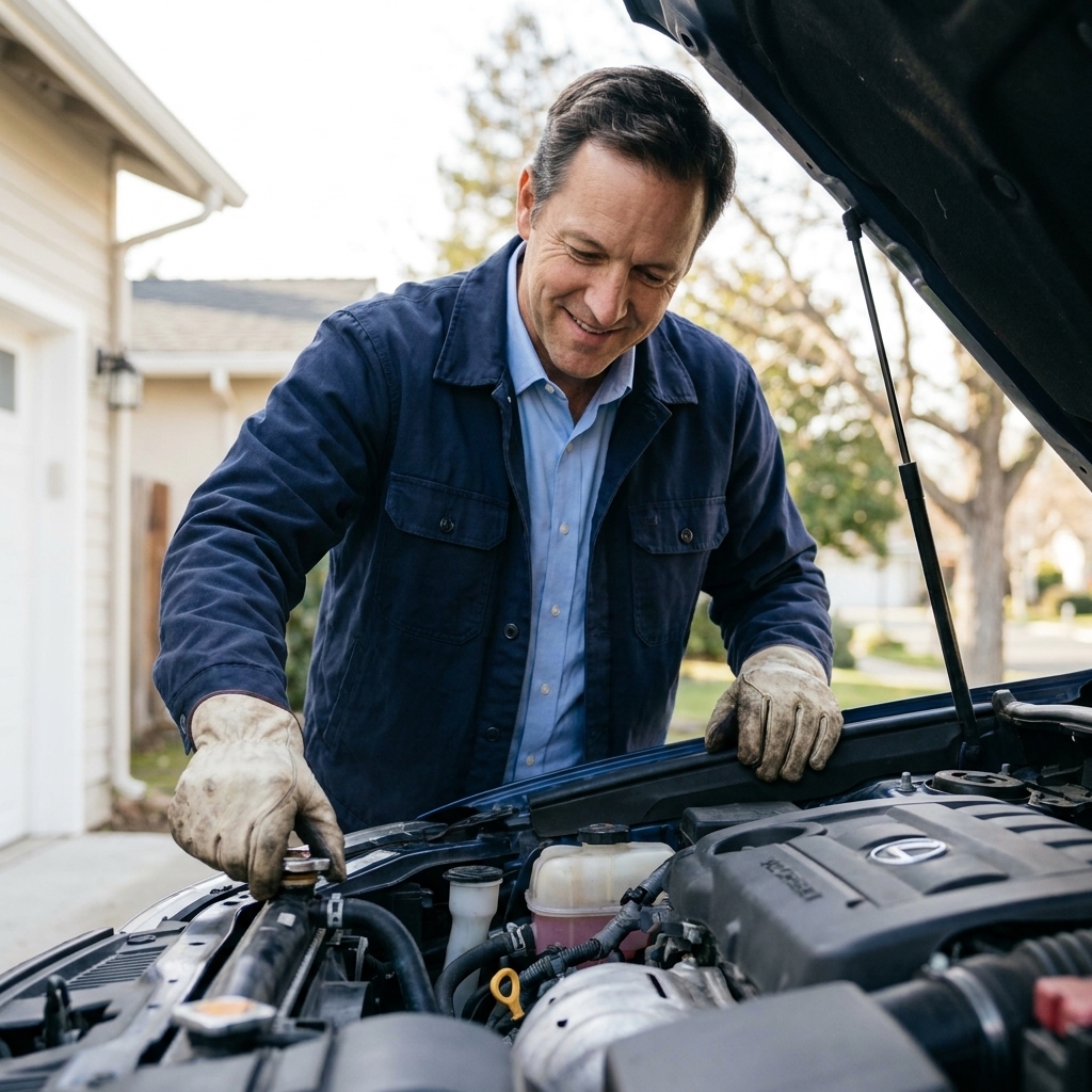 A gloved hand removing a radiator cap from a cold engine bay with the hood open in a driveway