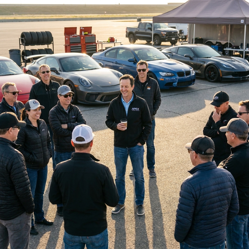 A group of track-day participants standing in a paddock during a morning drivers meeting with sports cars parked behind them