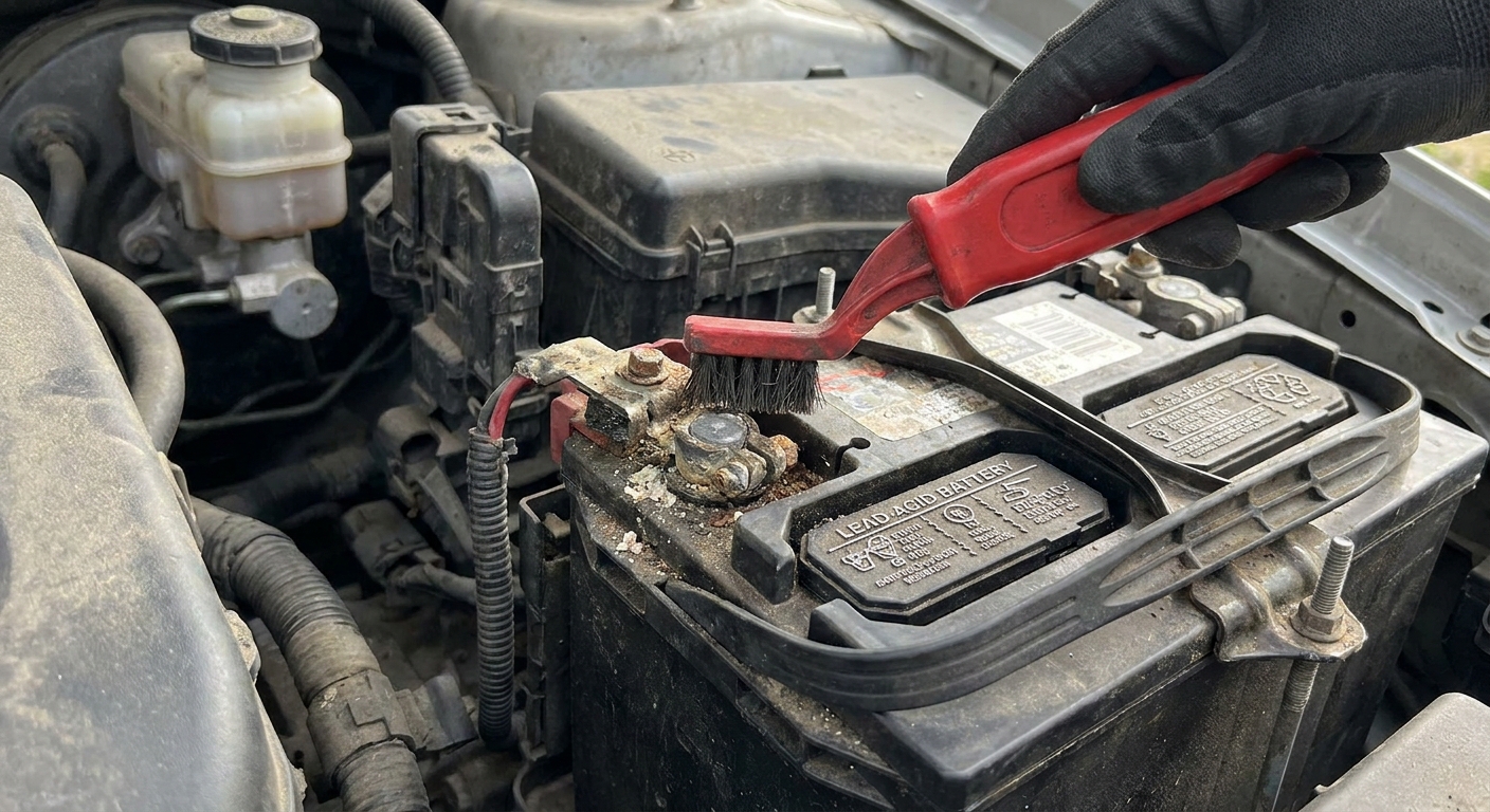 A hand holding a battery terminal brush tool above an open car battery, with the brush positioned near the battery post