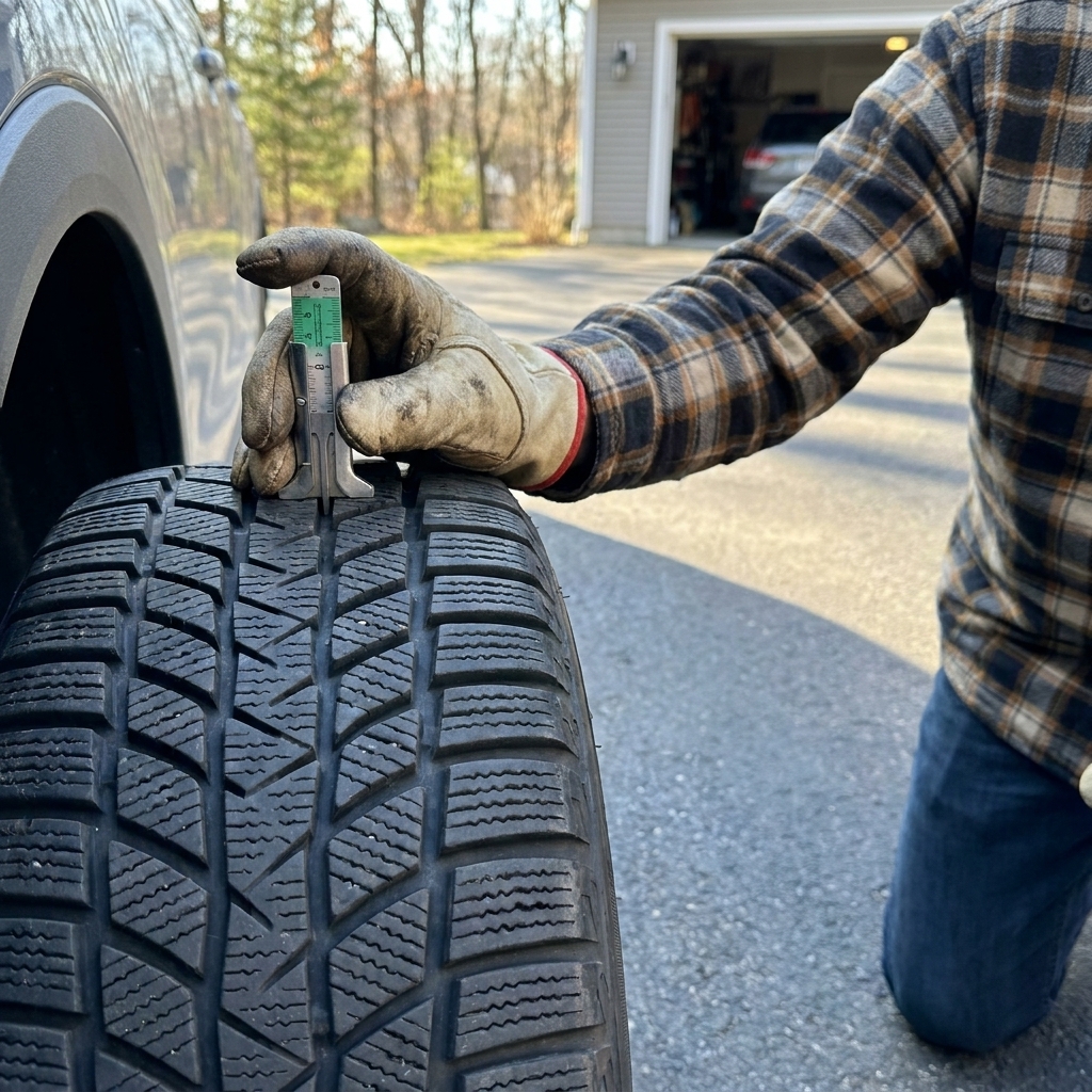 A hand using a tread depth gauge on a tire with visible winter tread blocks, parked on a driveway