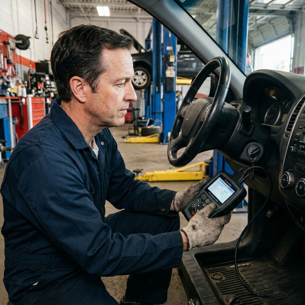 A handheld OBD-II diagnostic scanner connected under a vehicle steering column, with a technician holding the tool in a garage