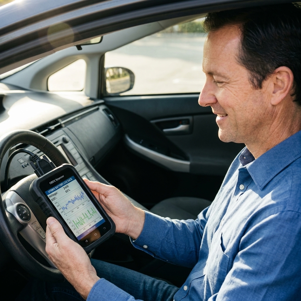 A handheld OBD2 scanner plugged into a car showing hybrid battery live data while the vehicle is parked