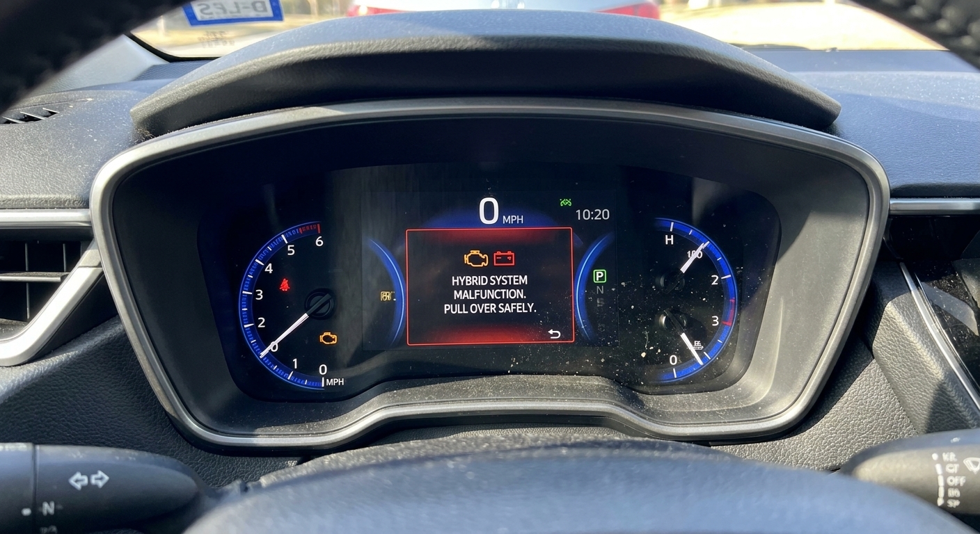 A hybrid car instrument cluster showing a hybrid system warning message while the vehicle is stopped