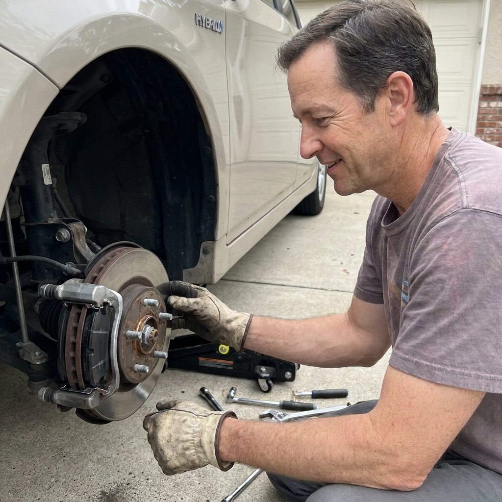A hybrid vehicle brake assembly with new brake pads installed in the caliper bracket, wheel removed in a driveway