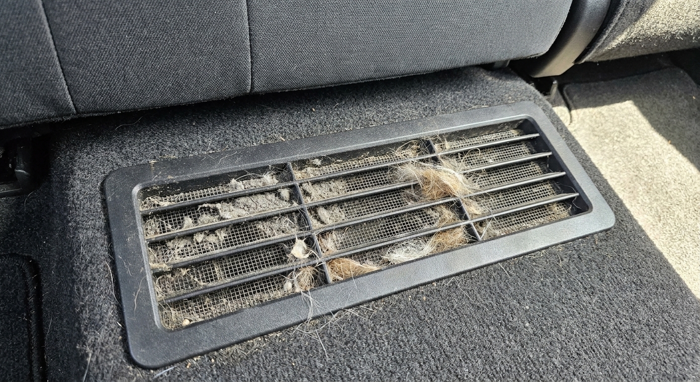 A hybrid vehicle rear-seat battery cooling intake grille with dust and pet hair buildup