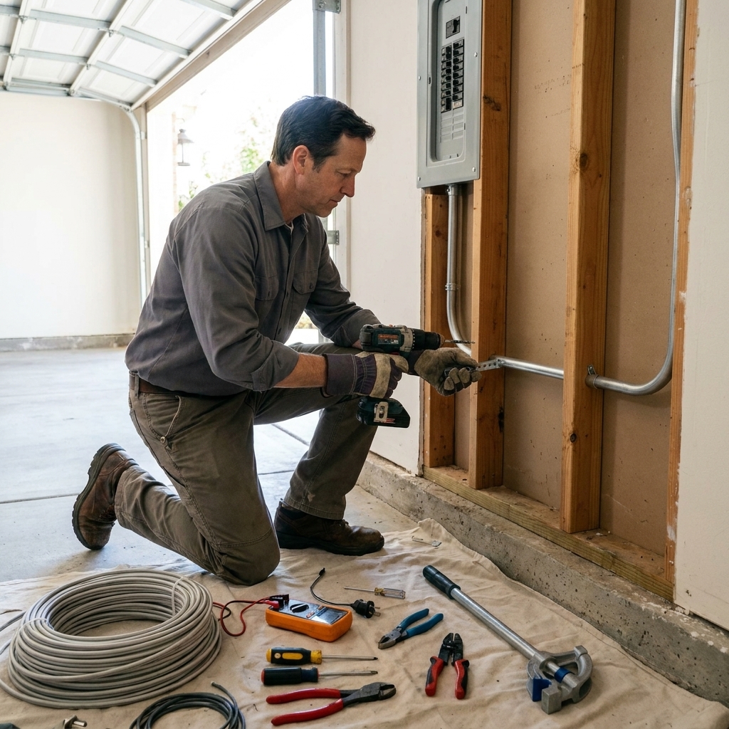 A licensed electrician mounting metal conduit and wiring for a 240-volt EV charger circuit in a residential garage with tools laid out on the floor