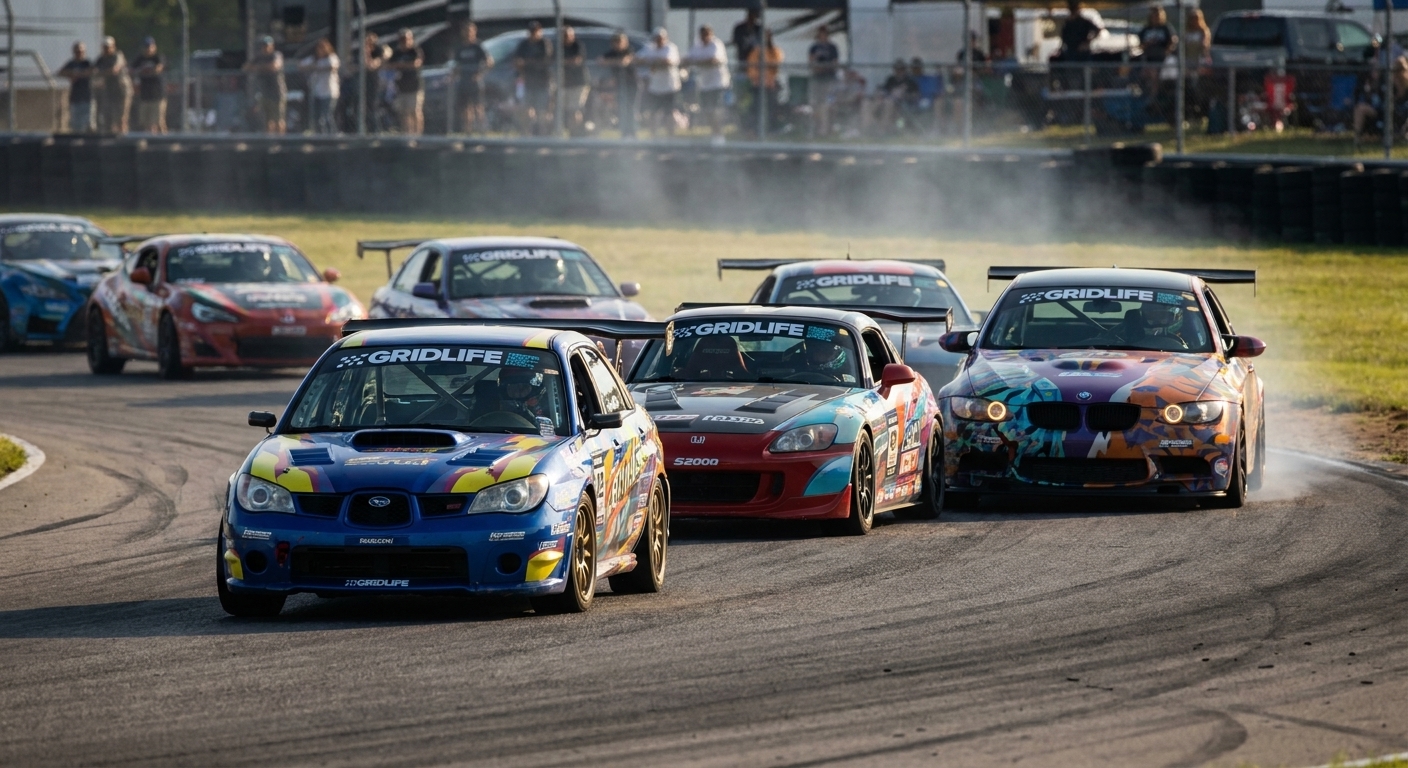 A line of modified track cars accelerating out of a corner during a Gridlife event, with colorful liveries and heat haze rising off the track