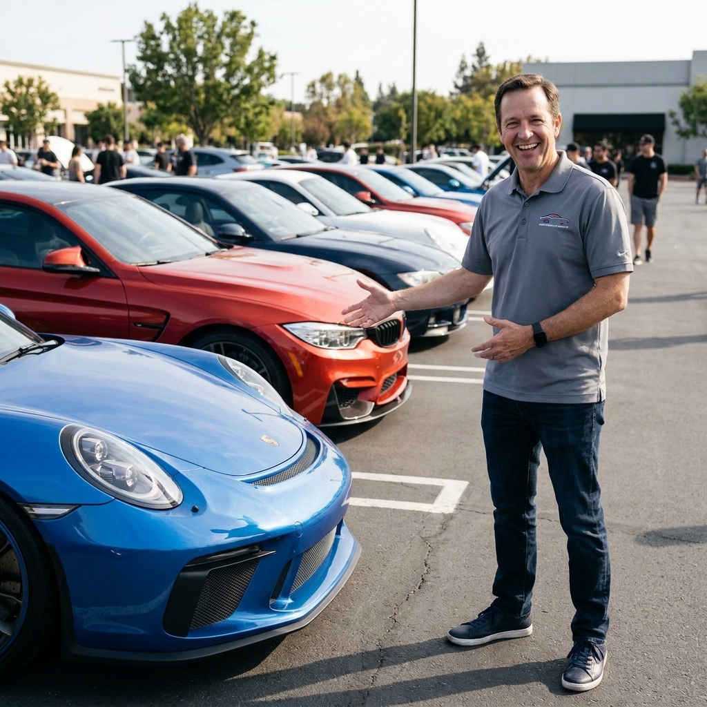 A line of performance cars parked evenly in marked spaces at a car meet with clear lanes left open for traffic