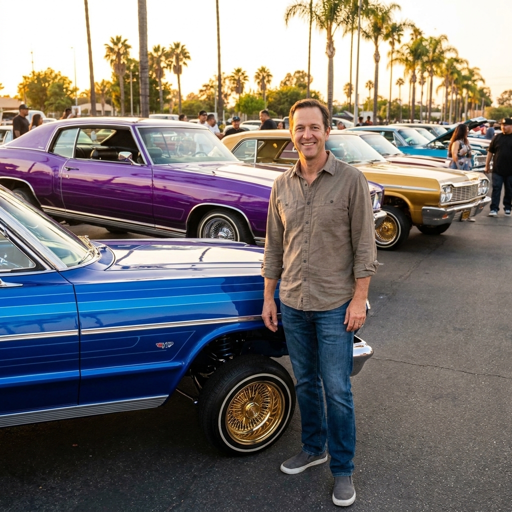 A lineup of classic lowrider cars parked at an outdoor car show in golden hour light, with owners standing nearby and polished chrome gleaming