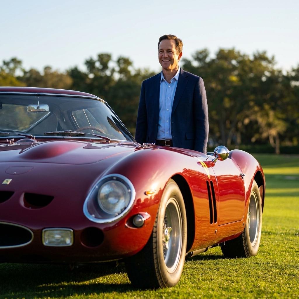 A low front three-quarter view of an exotic sports car on a concours field with soft late afternoon light and a clean background of trees