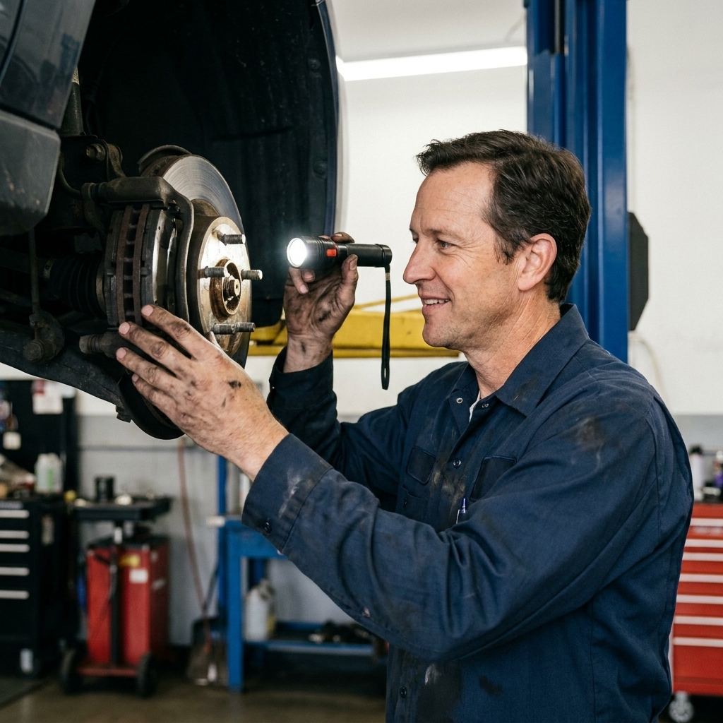 A mechanic holding a flashlight while inspecting brake pads and rotors through an open wheel well on a vehicle lift