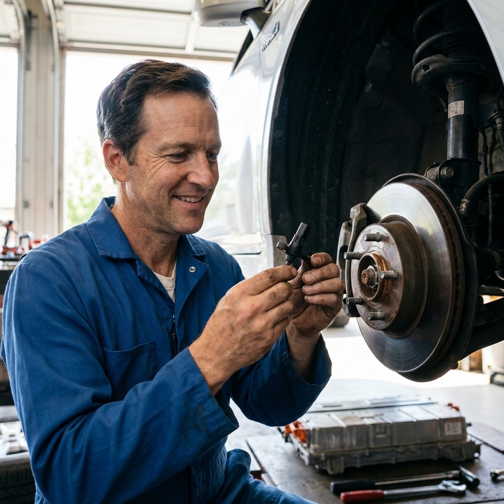 A mechanic holding a wheel speed sensor next to the front hub assembly on a hybrid vehicle with the wheel removed