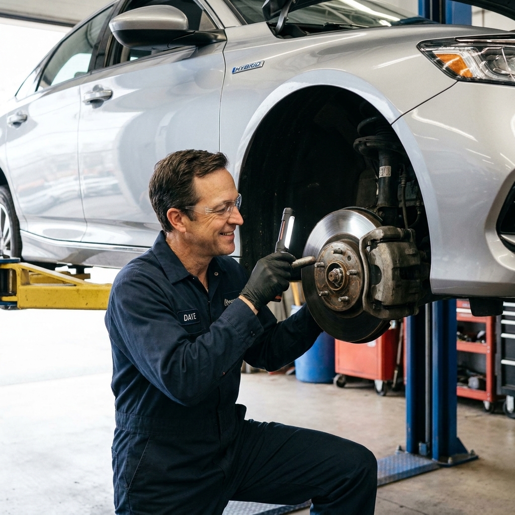 A mechanic inspecting the front brake caliper and rotor on a Honda Accord Hybrid on a lift.