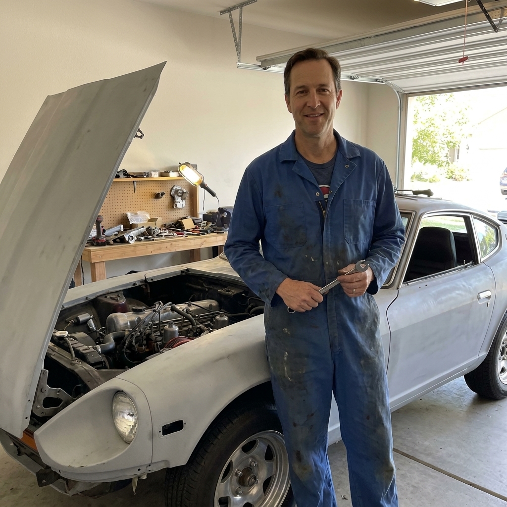 A mechanic standing in a home garage beside a partially restored 1978 Datsun 280Z with the hood open, tools on a workbench nearby
