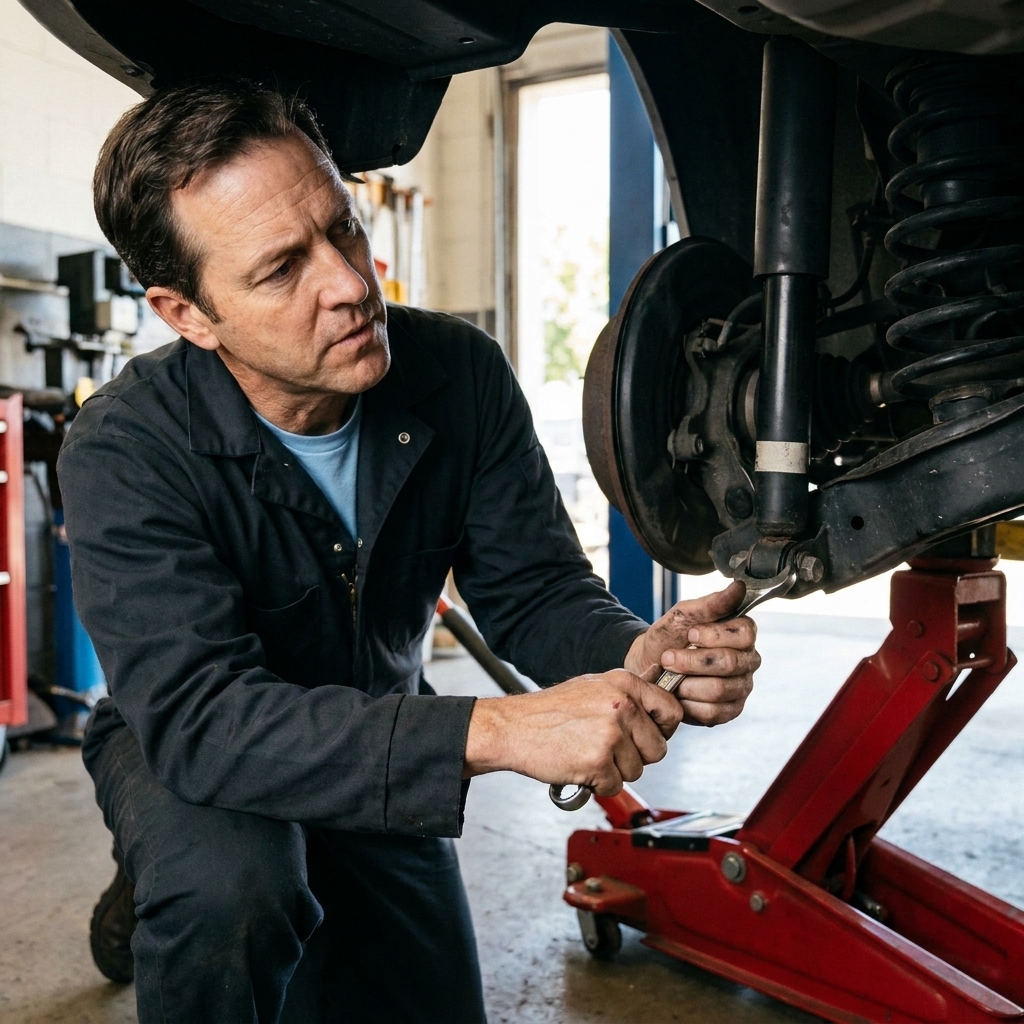 A mechanic tightening the lower bolt of a rear shock absorber with the rear suspension supported by a floor jack under the control arm