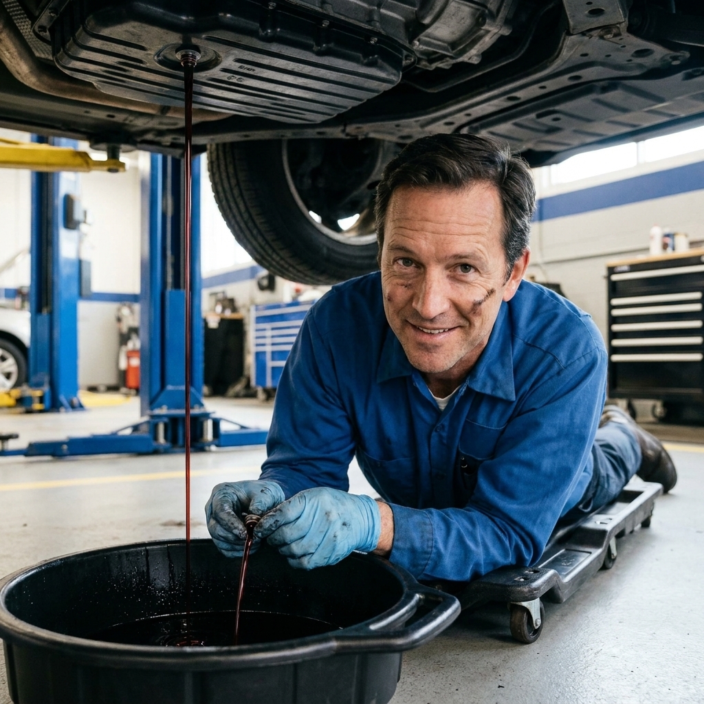 A mechanic under a vehicle with a drain pan, removing a transmission drain plug as fluid drains in a professional service bay