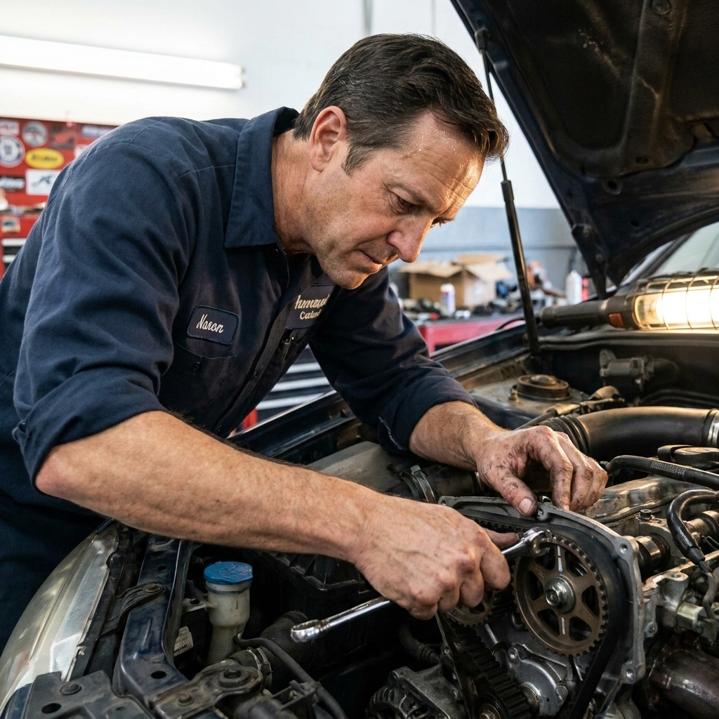 A mechanic working on the front of an engine with the timing cover removed, aligning timing marks during a timing belt replacement