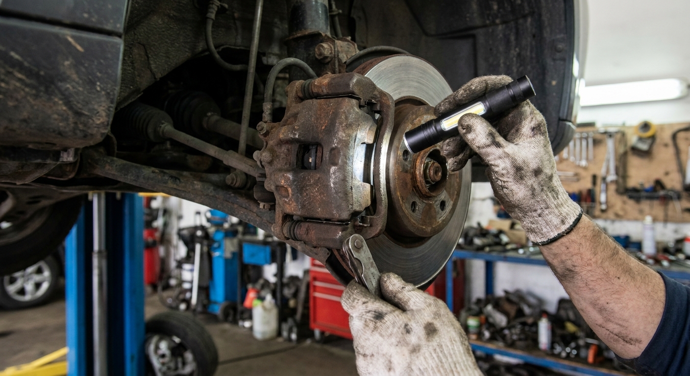 A mechanic's hand using a flashlight to check brake pad thickness through the caliper opening with the wheel removed