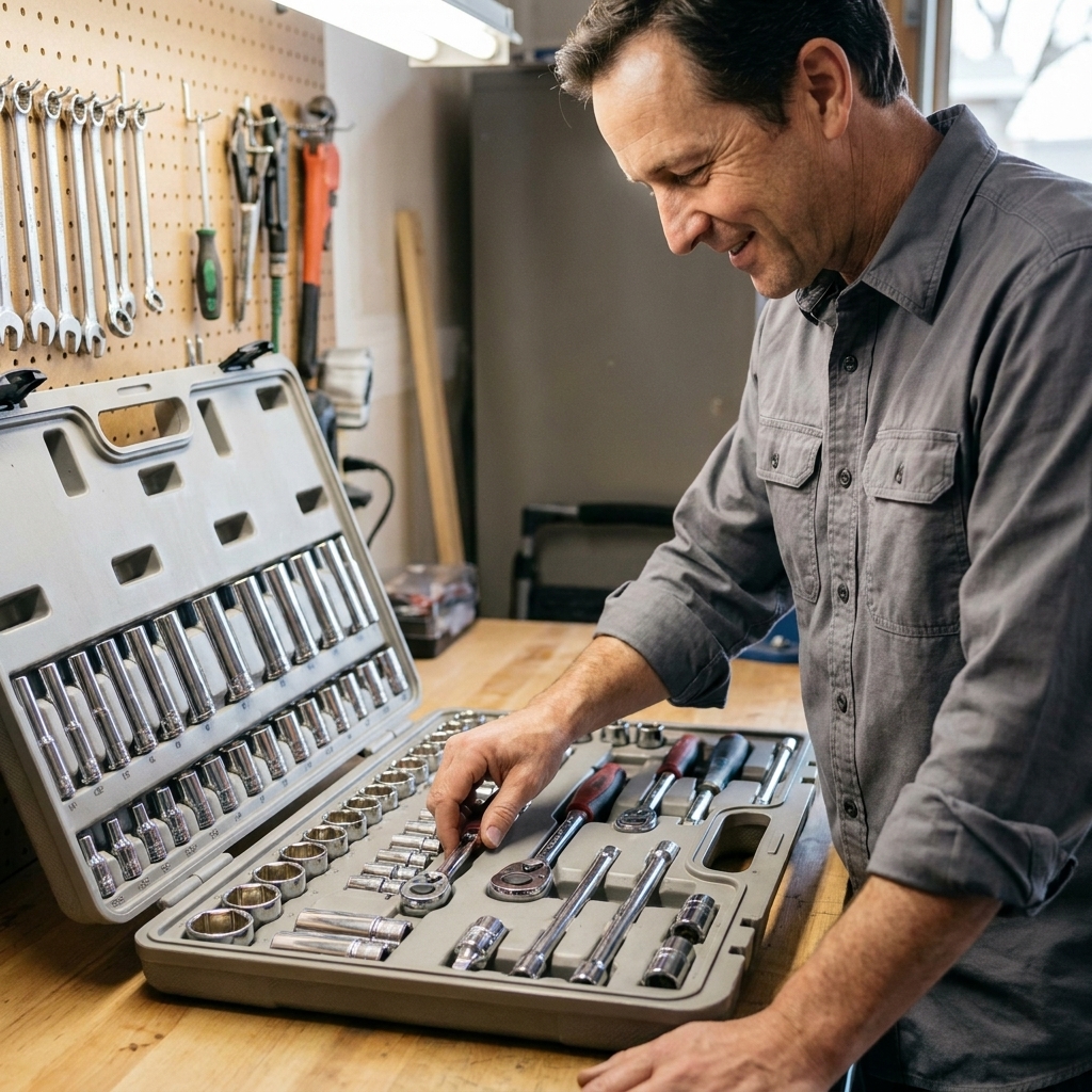 A metric socket set open in a molded case with ratchets, extensions, and both deep and shallow sockets visible