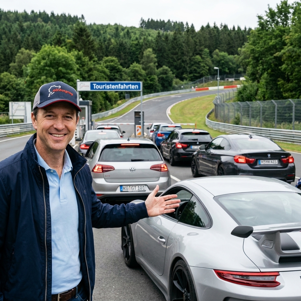 A mix of sports cars and hot hatches entering the Nürburgring Nordschleife during tourist driving sessions, with the forested hills surrounding the track