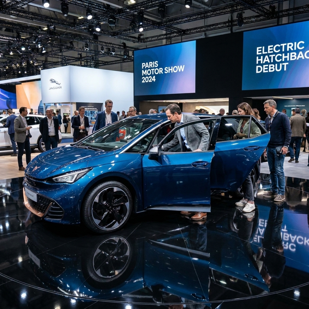 A modern electric hatchback on display at the Paris Motor Show with glossy floor reflections and visitors studying the interior through open doors