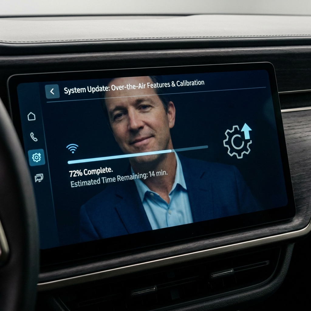 A modern vehicle infotainment screen displaying a software update progress indicator, suggesting over-the-air feature and calibration updates