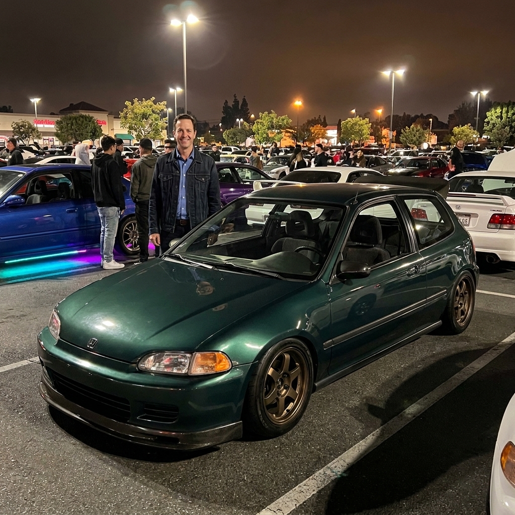 A modified 1990s Honda Civic hatchback parked at a night meet with a lowered stance and aftermarket wheels