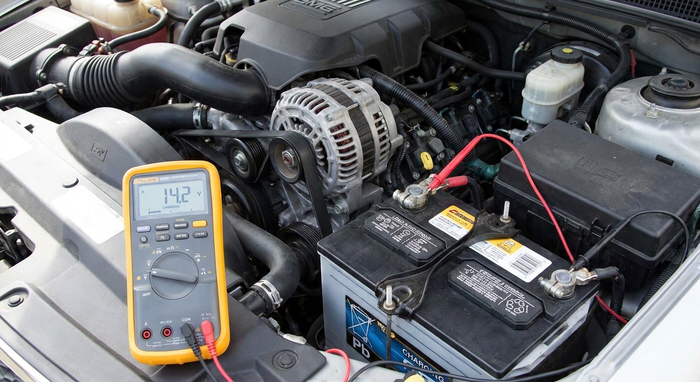 A multimeter measuring charging voltage at a car battery while the engine is running with the alternator visible in the background