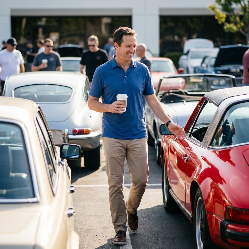 A neatly parked row of sports cars and classics at a Cars and Coffee meet with attendees walking between the cars