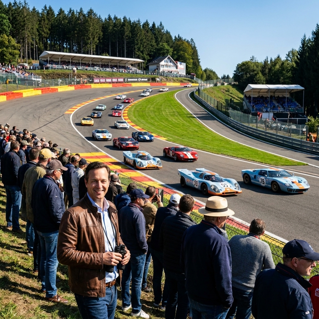 A pack of classic race cars climbing the hill at Spa-Francorchamps during Spa Classic, with spectators watching from a hillside
