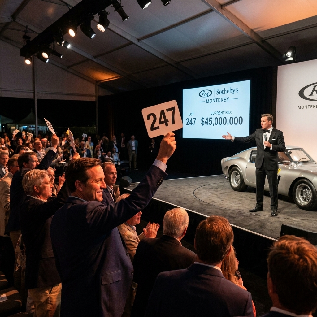 A packed auction hall during Monterey Car Week with an auctioneer on stage and bidders raising paddles under bright spotlights