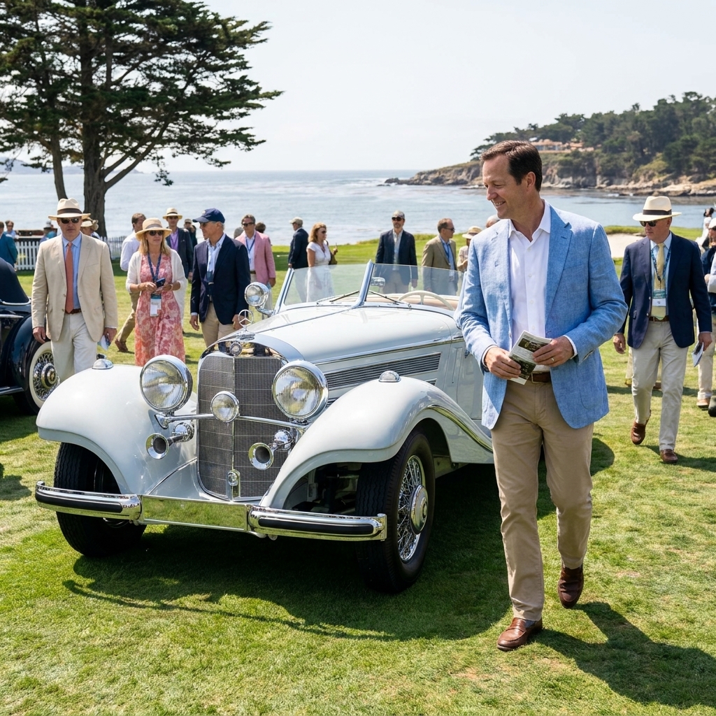 A perfectly detailed classic car parked on the green lawn at Pebble Beach with spectators dressed in summer attire walking past