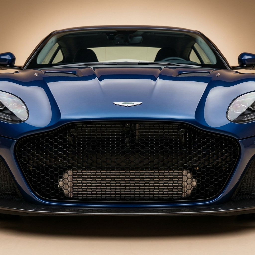 A performance car front end with large radiator openings and visible heat exchangers behind the grille
