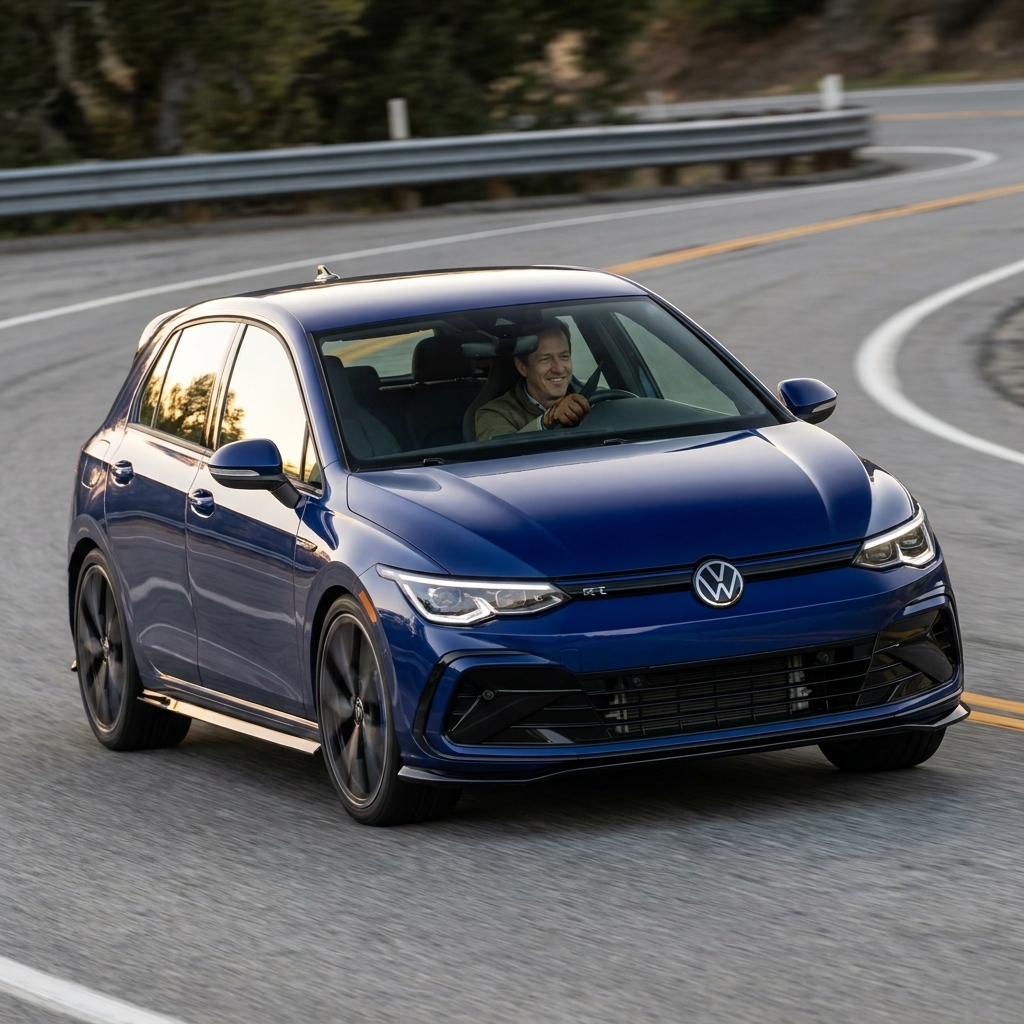 A performance-oriented electric hatchback cornering on a paved road, showing body control and a planted stance in a dynamic driving moment