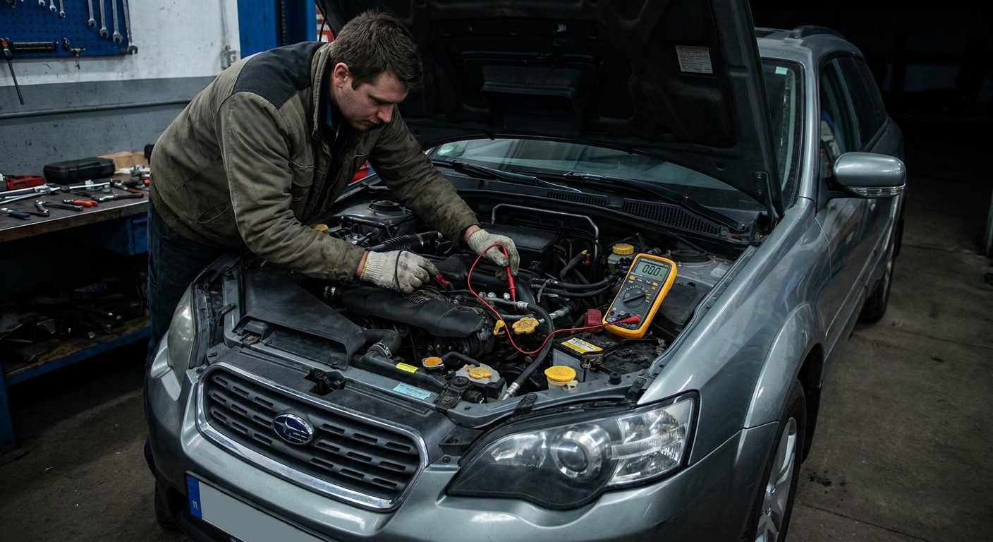 A person holding a digital multimeter near a car battery with the hood open, preparing to test electrical draw with the vehicle off