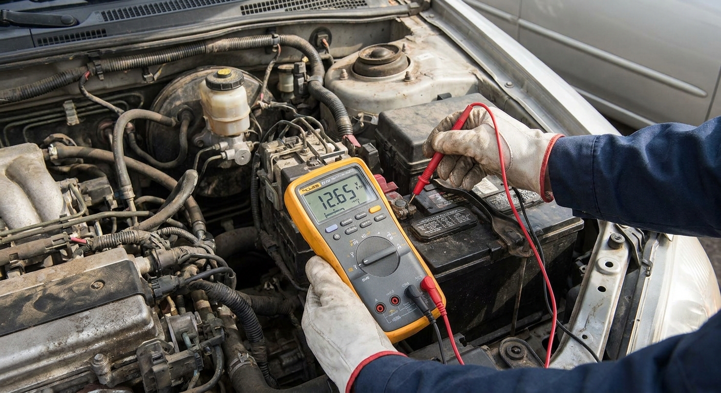 A person holding a digital multimeter with probes touching the positive and negative terminals of a car battery in an engine bay