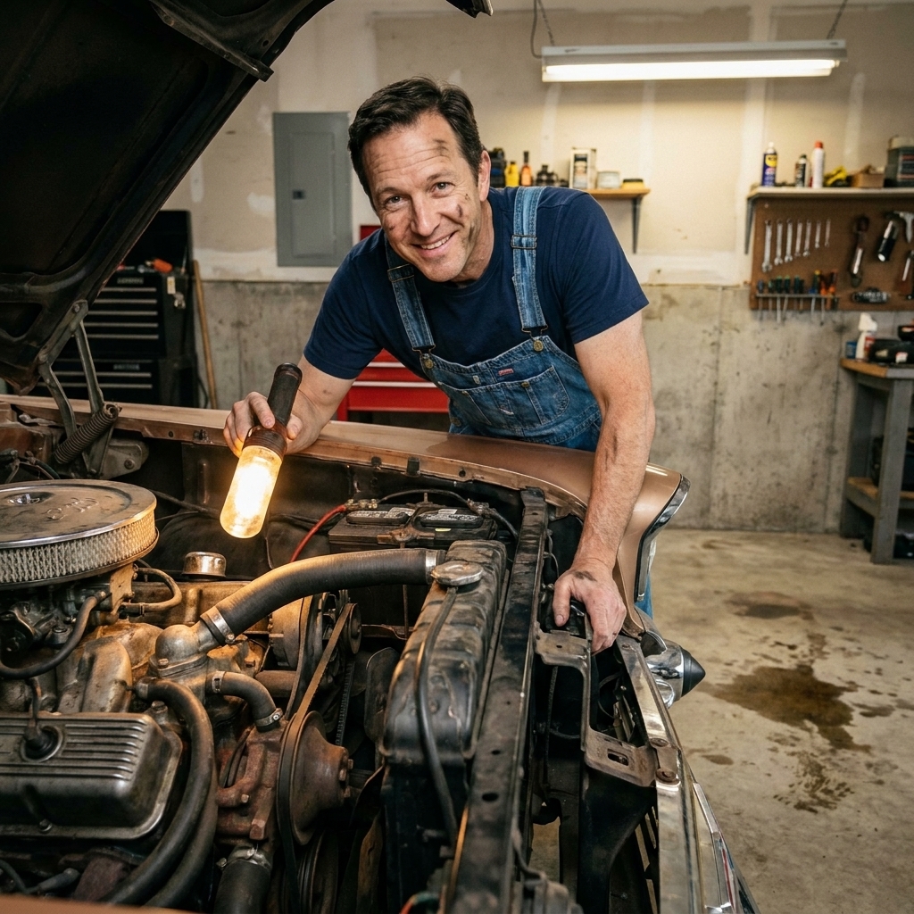 A person holding a flashlight while inspecting an older car engine bay with visible hoses, belts, and a battery in a home garage