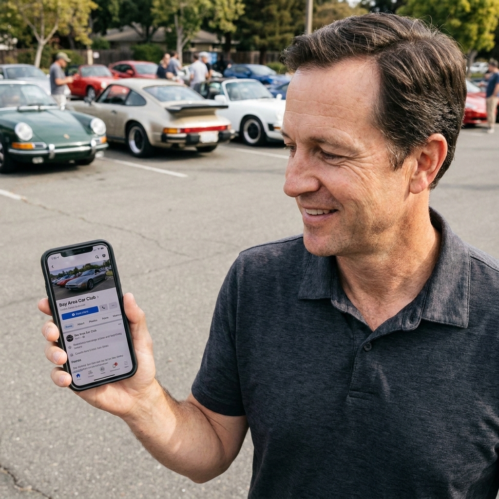 A person holding a smartphone open to a local car club group page while cars sit parked in the background at a casual meet