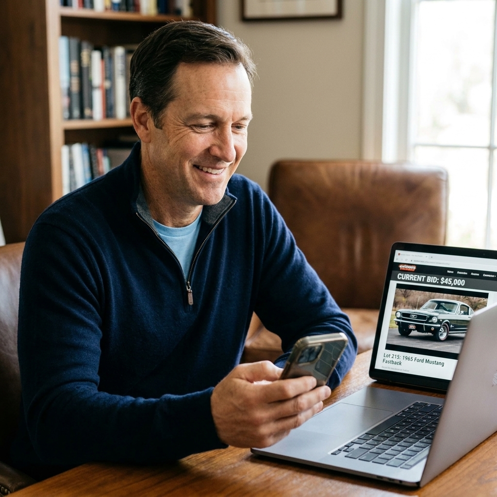 A person holding a smartphone while watching a live classic car auction stream, with a laptop open showing the current bid and lot details